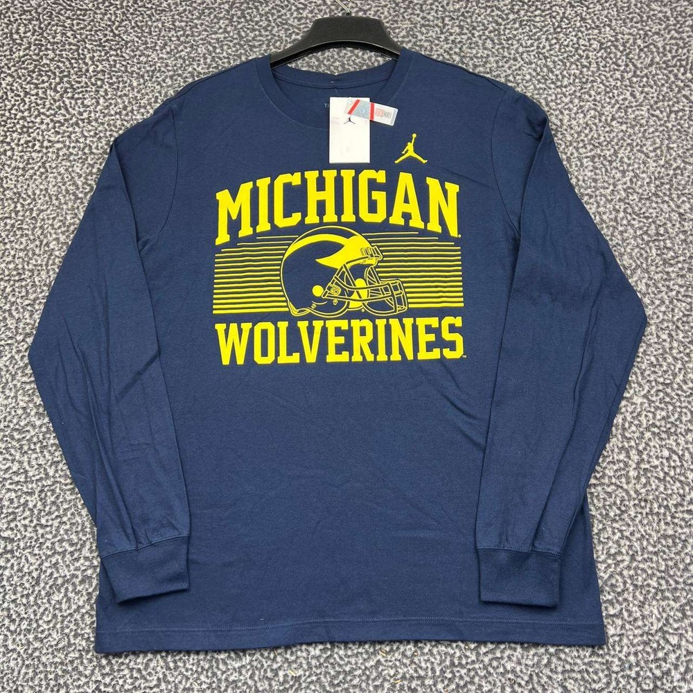 Nike Michigan Wolverines Shirt Men Large Navy Blue Long Sleeve Jordan Cotton New